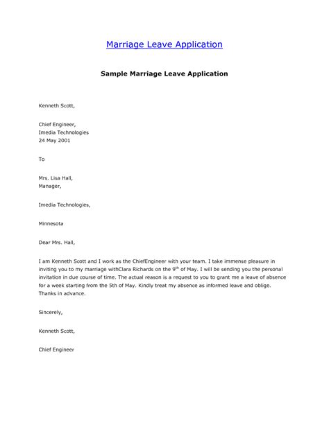 marriage leave letter format  template collection