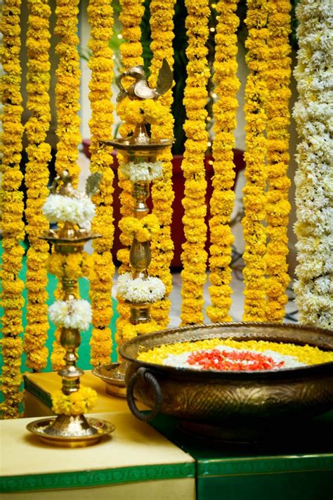 South indian wedding photo ideas. Photo of south Indian telegu wedding decor traditional mehendi decor with genda flower strings ...