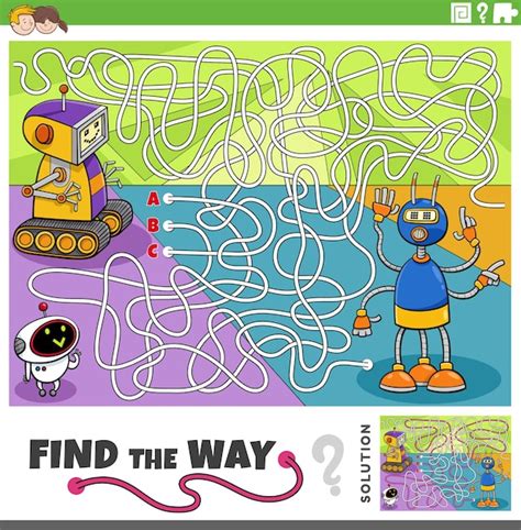 premium vector find the way maze game with cartoon robots characters