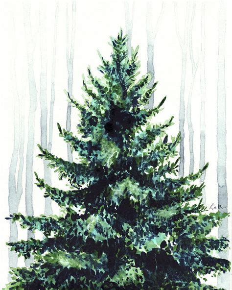 Evergreen Tree In Winter Woods Watercolor Painting Christmas Holiday