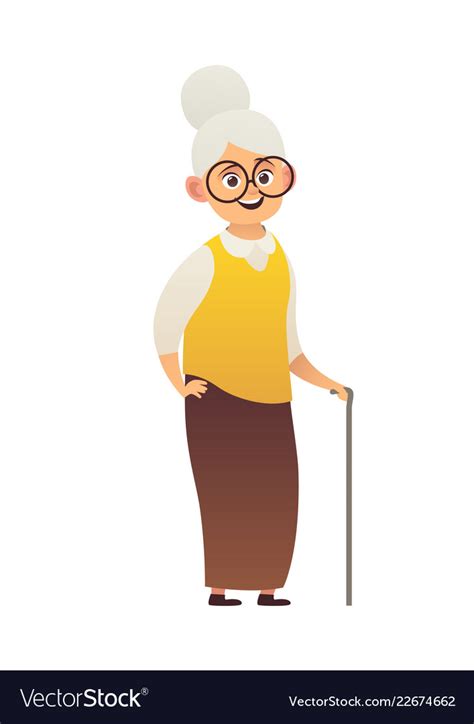 Cute Old Woman With Walking Stick Grandmother Vector Image