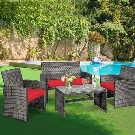 Gymax 4pcs Patio Outdoor Rattan Conversation Furniture Set W Red