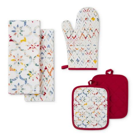 Mainstays Ogee Tile Kitchen Towel Pot Holder And Oven Mitt Set Multi 15w X 25l 5 Pieces