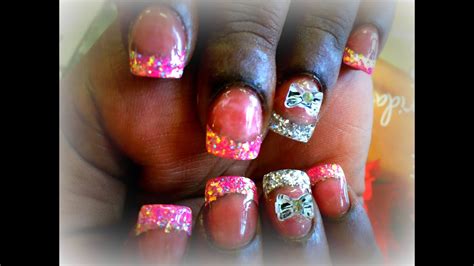 Acrylic Nails Pink And Silver Glitter Tips 3d Bow Design