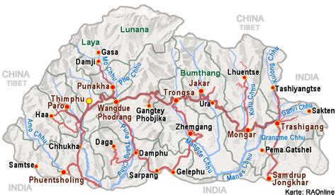 Raonline Bhutan Maps Towns Dzongkhags Physical Map Glacial Lakes