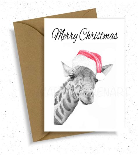 Cute Giraffe Christmas Card Pencil Drawing Art Greeting Nature
