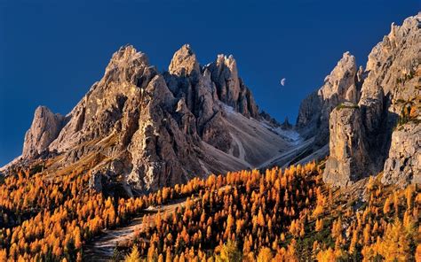 Nature Landscape Moon Blue Sky Mountain Forest Fall Dolomites