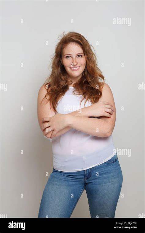 Happy Attractive Curvy Woman Standing On White Stock Photo Alamy