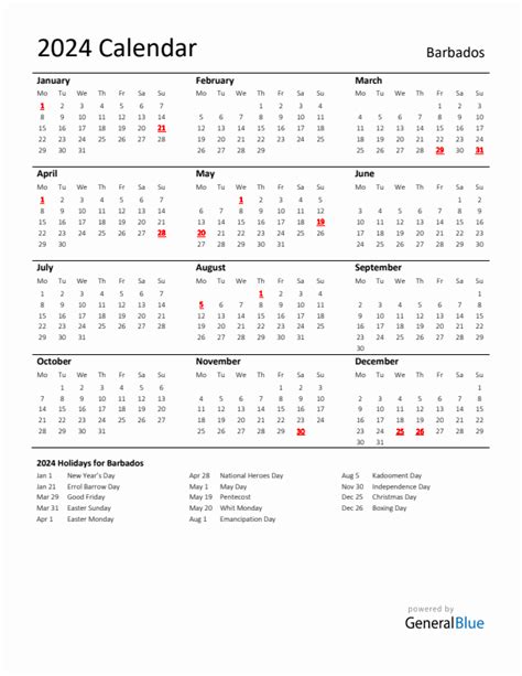 Standard Holiday Calendar For 2024 With Barbados Holidays