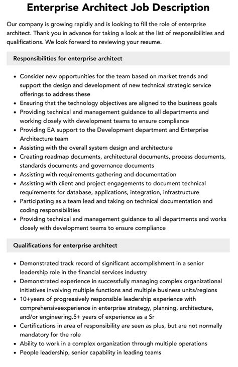 Enterprise Architect Job Description Velvet Jobs