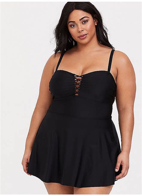 Torrid Black Lattice Wireless One Piece Swim Dress Swim Dress Plus