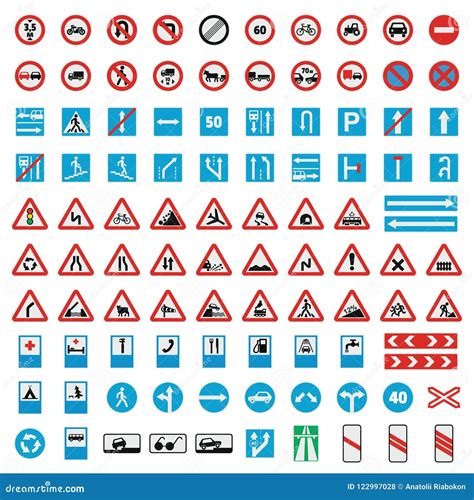 Traffic Road Sign Collection Icons Set Flat Style Stock Illustration