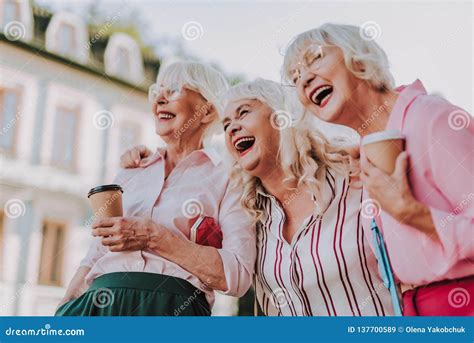 Three Beautiful Old Ladies Have Fun Together Stock Image Image Of