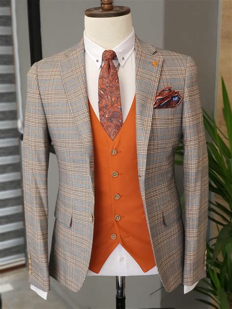 Men Suits Orange 3 Piece Slim Fit Two Button Wedding Groom Etsy In