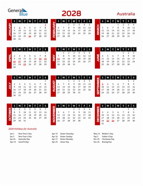 2028 Australia Calendar With Holidays