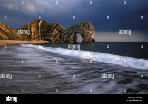 Britain Approaching Storm Durdle Door Dorset Uk Coastal Arch Formation