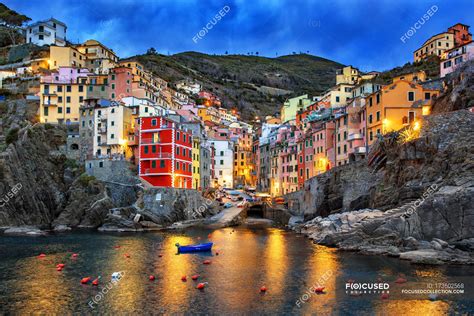 Genoa ( genova , the capital). Italy, Liguria, province of La Spezia, city view of Riomaggiore at dawn — cinque terre ...