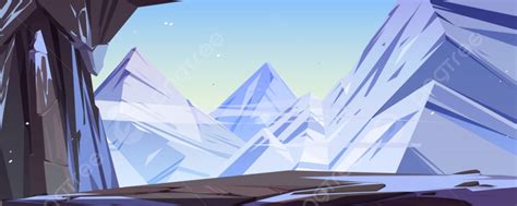 รูปถ้ำน้ำแข็งในพื้นหลังการ์ตูนภูเขาที่มีหิมะและหินภายใต้ท้องฟ้าสีฟ้าใส
