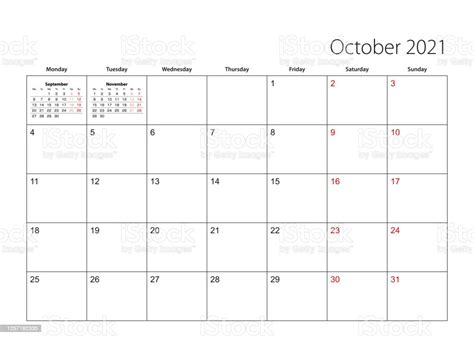 Ilustración De Octubre 2021 Simple Calendario Planificador Semana Comienza A Partir Del Lunes Y