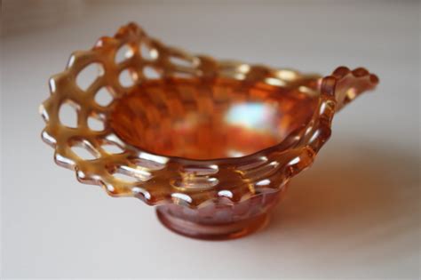 Vintage Fenton Carnival Glass Basketweave Bowl W Open Lace Edge Marigold Color