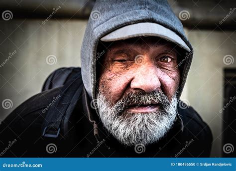 Homeless Old Man With Beard Looking Forward Royalty Free Stock Photo