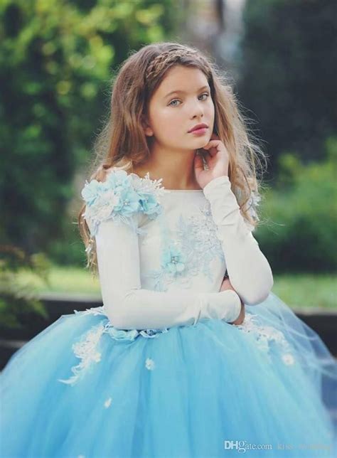 Cute Blue Tulle Little Girls Pageant Prom Dresses Long Sleeves Floor