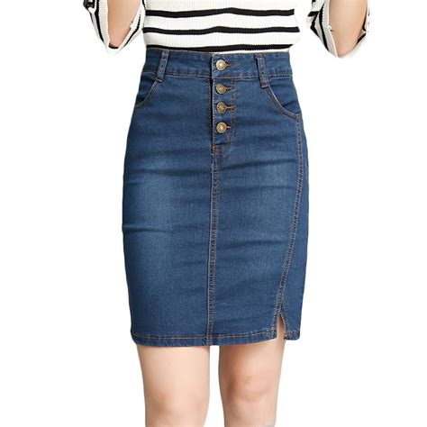 New Casual Knee Length High Waist Bodycon Pencil Denim Skirt Ladies Slim Long Jeans Skirts Midi