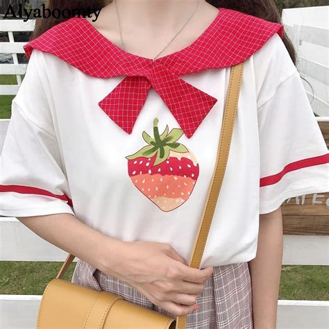 Japanese Harajuku Women Cute White Top Sailor Collar Strawberry Print