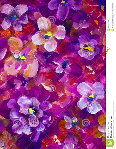 Flowers Pansy Violet Texture Oil Painting Abstract Hand Painted
