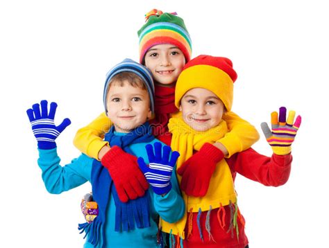 Group Of Three Kids In Winter Clothes Stock Photo Image Of Caucasian