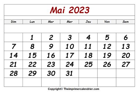 Mai 2023 Calendrier The Imprimer Calendrier