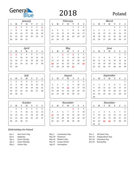 2018 Poland Calendar With Holidays