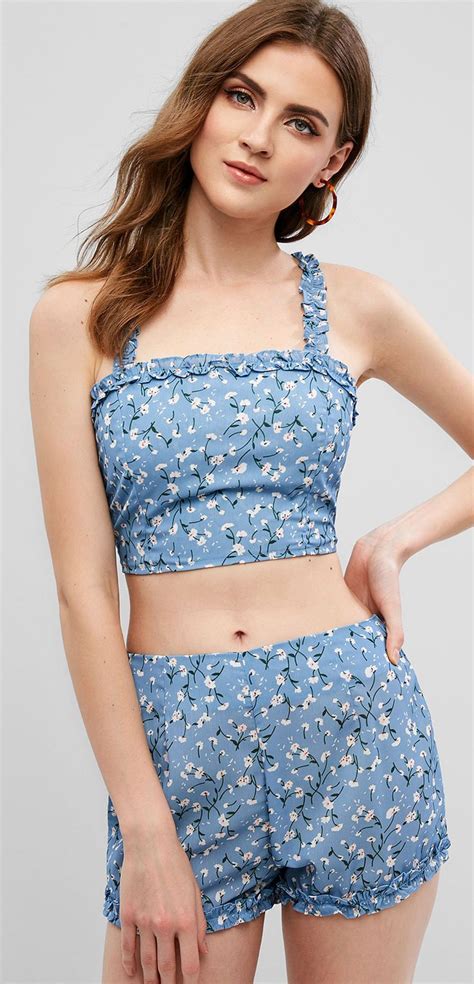 Buy Cute Blue Floral Two Pieces Summer Outfits Top And Shorts Occasion