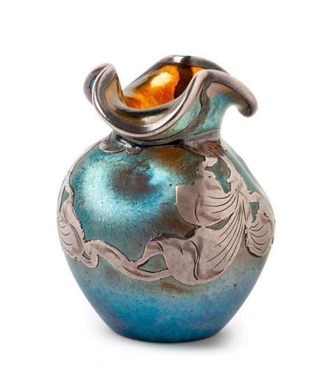 Loetz Silver Overlay Iridescent Glass Vase European Glass