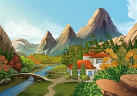 Casa En Las Montañas Ilustración De Paisaje De Naturaleza Vector Premium