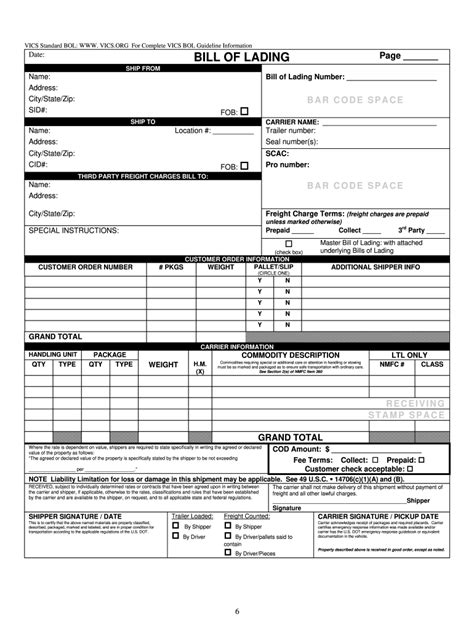 Printable Sample Blank Bill Of Lading Form Bill Of Lading Bill Images