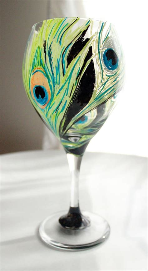 Hand Painted Peacock Feather Wine Glass