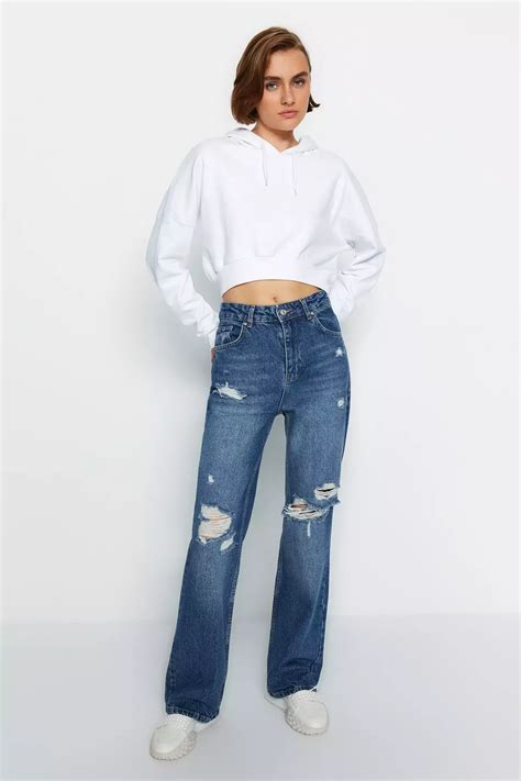 Buy Trendyol Ripped High Waisted Wide Leg Jeans 2024 Online Zalora Singapore