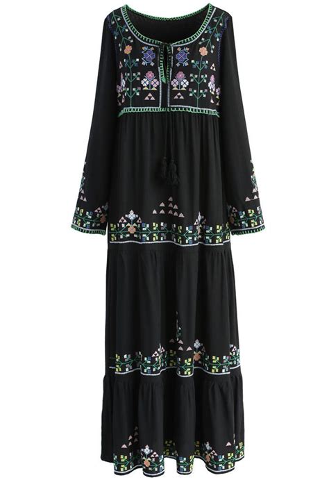Black Prairie Embroidered Maxi Dress Womens Maxi Dresses Long Sleeve