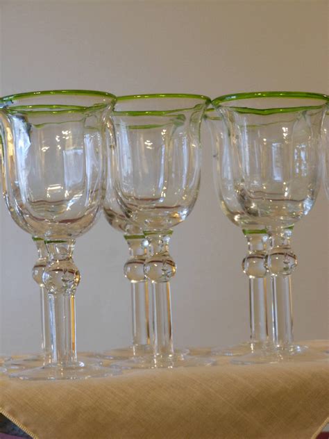 Collection Of Nine Beaded Green Rimmed Long Stemmed Wine Glasses
