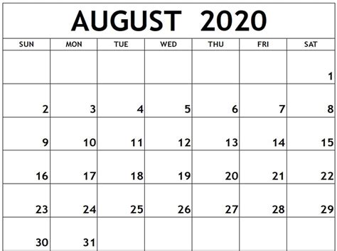 August 2020 Calendar Blank Template In 2020 Free Printable Calendar