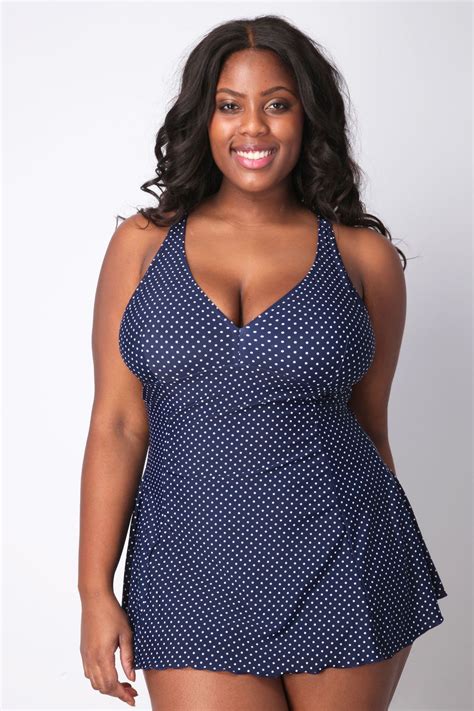 Navy Polka Dot Skirted Swimsuit With Tummy Control With Images Plus