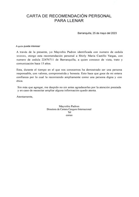 Recomendacion Personal Carta De RecomendaciÓn Personal Para Llenar Barranquilla 25 De Mayo