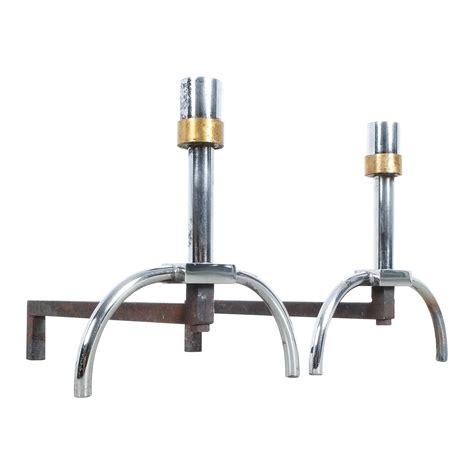 Art Deco Wrought Iron And Brass Pair Of Andirons By Jacques Adnet
