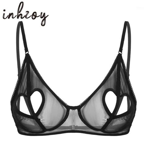 Discount Bras Womens See Through Sheer Mesh Bralette Sexy Lingerie Heart Shape Hole Bare Nipples