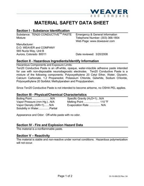 Material Safety Data Sheet 1 MSD Ten20 Conductive Paste Is An Off