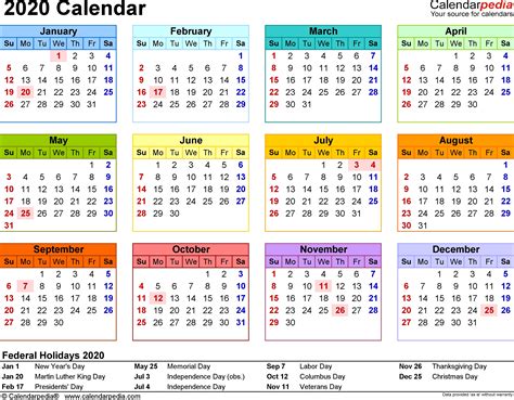 2020 Annual Calendar Blank