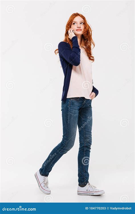 Cheerful Beautiful Young Redhead Lady Talking By Mobile Phone Stock Image Image Of Girl