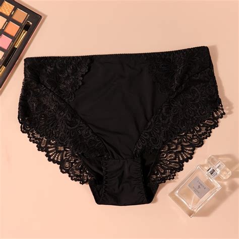 Plus Size Contrast Lace Mid Waist Solid Panties Womens Plus Slight Stretch Sexy Panties