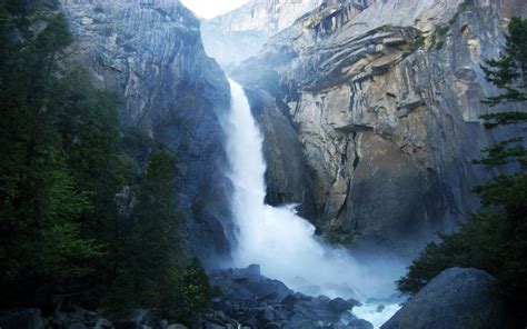 Green Tree Waterfall Mountains Nature Yosemite National Park Hd